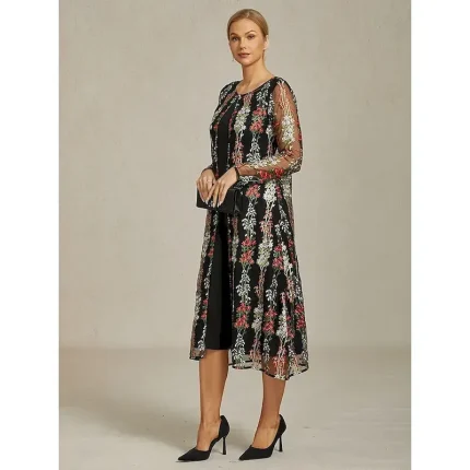 Women's Jacket Coat Blazer Lace Embroidered Elegant Floral Formal Anniversary Wedding Guest Daily Open Front Long Crewneck Regular Fit Long Sleeve Outerwear Black Spring Fall - Image 4