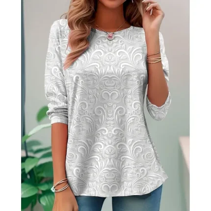 Women's T shirt Long Sleeve Crew Neck Long Sleeve Tunic 3D Print Floral Elegant Vintage Regular Tops Daily Going out Weekend Print Pearl Prefall - Image 4