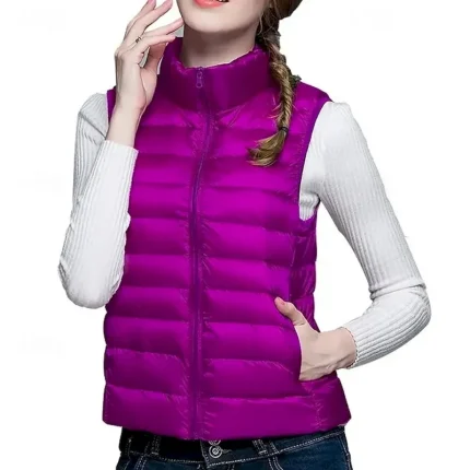 Women's Puffer Vest Vest Warm Comfortable Zipper Pocket Fashion Modern Casual Plain Going out Weekend Zipper Regular Stand Collar Regular Fit Sleeveless Outerwear Black Pink Wine Winter
