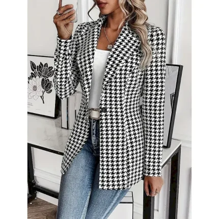 Women's Blazer Outdoor Print Check Breathable Stylish Regular Fit Outerwear Long Sleeve Fall Black S - Image 3