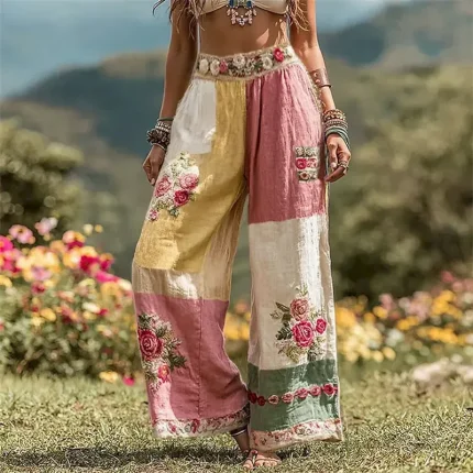 Women's Wide Leg Pants Trousers Palazzo Pants Vintage Boho Full Length High Waist Color Block Flower Elastic Waist Printing Breathability Comfortable Street Daily Wear Going out Pink Spring Fall