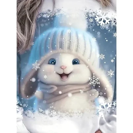 Women's Sweatshirt Long Sleeve Winter Bunny with Hat Graphic Blue Snowflakes Crew Neck Casual Comfortable Holiday Festive Homewear Regular Fit - Image 3