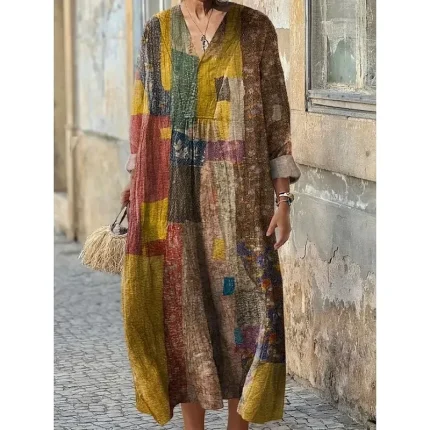 Women's Midi Dress Sundress A Line Dress Vacation Casual Boho Party Holiday Beach Loose Fit Floral Graphic Geometric Long Sleeve V Neck Dark Red Pink Blue Purple Summer Spring Fall - Image 6