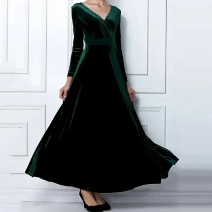 Women's Midi Dress Velvet Dress Cocktail Dress Elegant Fashion Modern Outdoor Party Party Evening Wear Regular Fit Plain Long Sleeve V Neck Black Wine Blue Green Spring Autumn - Image 3