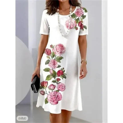 Women's Elegant Midi Dress T Shirt Dress Tee Dress Shift Dress Party Evening Casual Formal Daily Regular Fit Floral Abstract Short Sleeve Crew Neck White Pink Light Brown Spring - Image 3