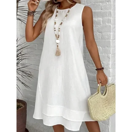 Women's Midi Dress Summer Dress Casual Daily Regular Fit Solid Color Sleeveless Crew Neck White Navy Blue Summer - Image 3