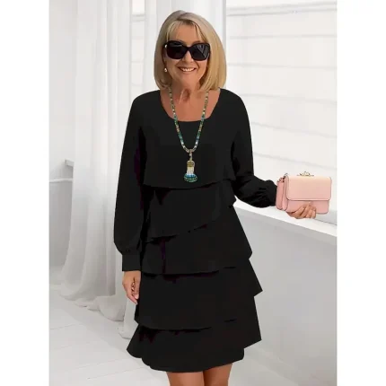 Women's Midi Dress Tiered Dress Elegant Going out Regular Fit Pure Color Long Sleeve Crew Neck Black Pink Red Blue Fall - Image 3