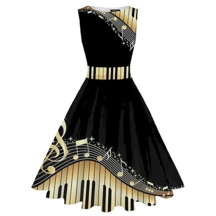 Women's Retro 1950s Vintage Tea Dresses Midi Dress Daily Date Ruched Print Note Crew Neck Sleeveless Slim Summer Spring 2023 Black White S M L XL - Image 3