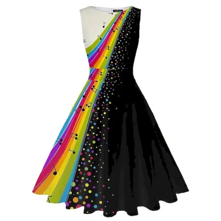 Women's Retro 1950s Vintage Tea Dresses Midi Dress Daily Date Ruched Print Note Crew Neck Sleeveless Slim Summer Spring 2023 Black White S M L XL - Image 4