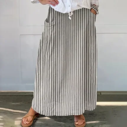 Women's Skirt Casual Maxi Mid Rise Skirts Striped Pocket Micro-elastic Vacation Street Sky Blue Brown Beige Grey Spring Polyester - Image 3
