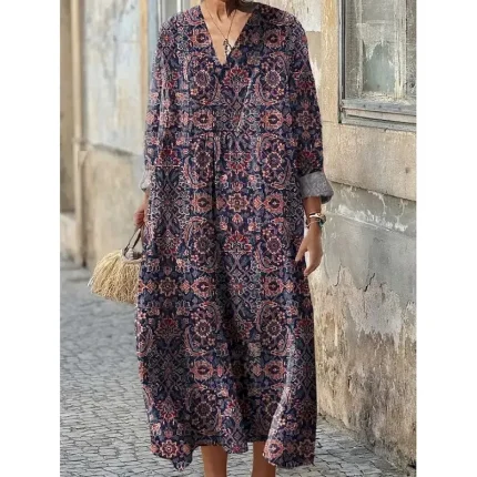 Women's Midi Dress Sundress A Line Dress Vacation Casual Boho Party Holiday Beach Loose Fit Floral Graphic Geometric Long Sleeve V Neck Dark Red Pink Blue Purple Summer Spring Fall - Image 4