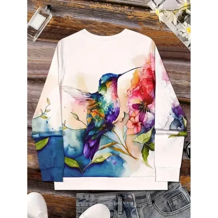 Women's Pullover Sweatshirt Floral Graphic Animal Casual Long Sleeve Crew Neck Round Neck Regular Tops Street Casual Holiday Print White Green Spring Fall Winter - Image 3