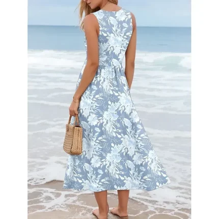 Women's Maxi Dress Sundress A Line Dress Slip Dress Pleated Dress Vacation Casual Boho Going out Beach Regular Fit Floral Graphic Sleeveless U Neck Blue Summer Spring - Image 2