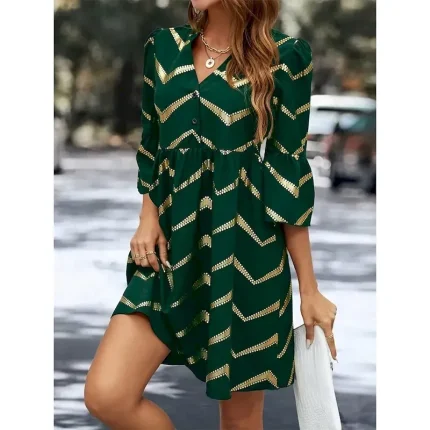 Women's Geometric Notched Neck Mini Dress 3/4 Length Sleeve Summer Spring - Image 5