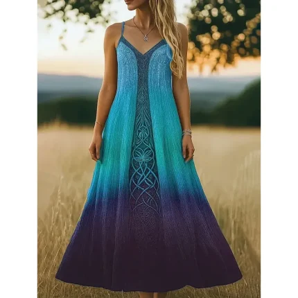 Women's Maxi Dress Sundress A Line Dress Slip Dress Vacation Casual Beach Regular Fit Ombre Graphic Ethnic Sleeveless V Neck Spaghetti Strap Blue Purple Orange Green Summer Spring Fall - Image 3