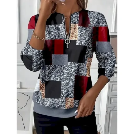 Women's Pullover Sweatshirt Zip Up Sweatshirts Floral Graphic Geometric Fashion Casual Long Sleeve Crew Neck Regular Tops Street Dailywear Patchwork Zipper Print Wine Green Khaki Fall Winter - Image 3