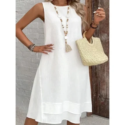 Women's Midi Dress Summer Dress Casual Daily Regular Fit Solid Color Sleeveless Crew Neck White Navy Blue Summer - Image 5