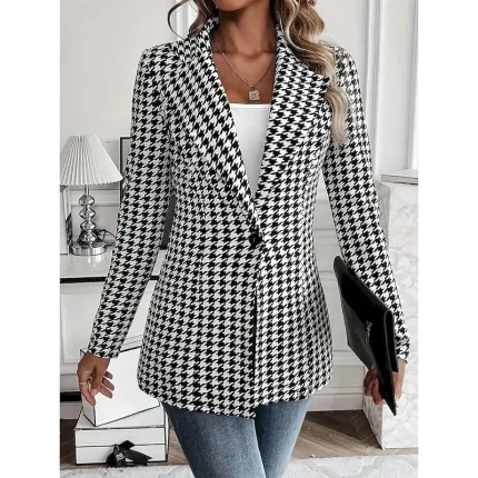 Women's Blazer Outdoor Print Check Breathable Stylish Regular Fit Outerwear Long Sleeve Fall Black S - Image 5