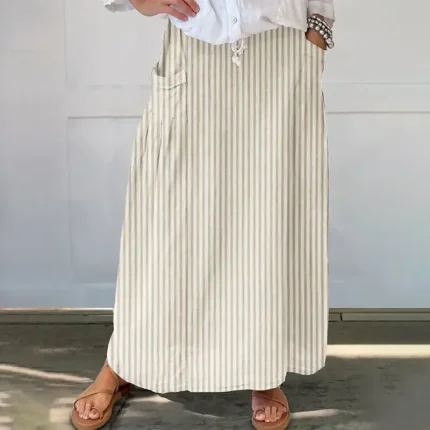 Women's Skirt Casual Maxi Mid Rise Skirts Striped Pocket Micro-elastic Vacation Street Sky Blue Brown Beige Grey Spring Polyester - Image 4
