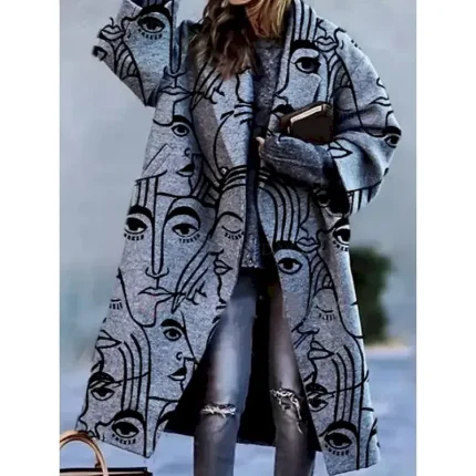 Women's Winter Coat Coat Comfortable Breathable Print Modern Casual Geometric Vacation Street Casual Daily Wear Open Front Long Turndown Regular Fit Long Sleeve Outerwear White Dark Green Green