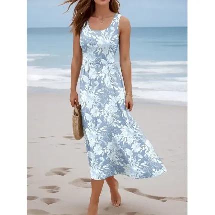 Women's Maxi Dress Sundress A Line Dress Slip Dress Pleated Dress Vacation Casual Boho Going out Beach Regular Fit Floral Graphic Sleeveless U Neck Blue Summer Spring