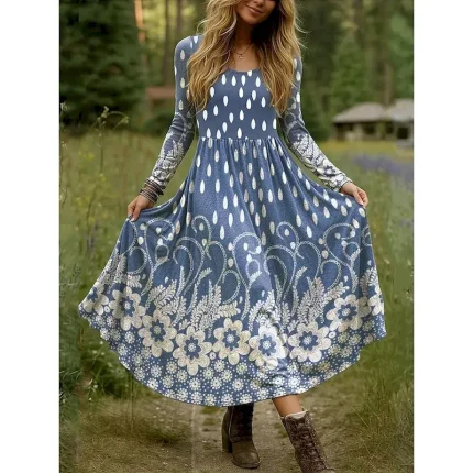 Women's Maxi Dress Fit And Flare Dress Vacation Casual Boho Party Daily Going out Regular Fit Floral Polka Dot Long Sleeve Crew Neck Blue Sky Blue Purple Green Fall Winter - Image 5