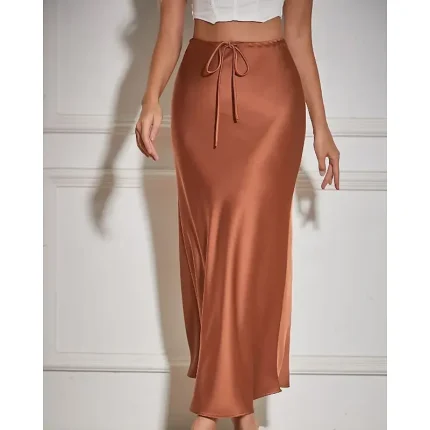 Women's Skirt Casual Maxi Mid Rise Skirts Plain Drawstring Micro-elastic Vacation Street Wine Navy Black Army Green Fall Polyester - Image 6