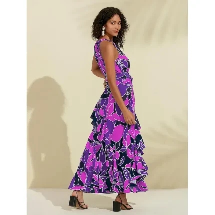 Women's Chiffon Dress Maxi Dress Blue Purple Sleeveless Floral Ruffle Printing Spring & Summer Round Pattern Dress XS S M - Image 3