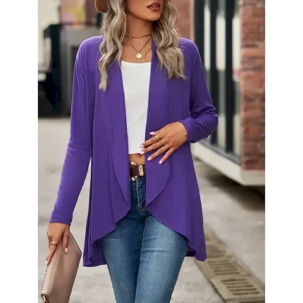 Women's Casual Jacket Breathable Comfortable Irregular Hem Casual Plain Vacation Street Casual Daily Wear Open Front Regular Shawl Collar Regular Fit Long Sleeve Outerwear Black Wine Purple Summer - Image 4