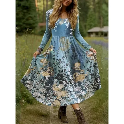 Women's Maxi Dress Fit And Flare Dress Vacation Casual Boho Party Daily Going out Regular Fit Floral Polka Dot Long Sleeve Crew Neck Blue Sky Blue Purple Green Fall Winter - Image 3