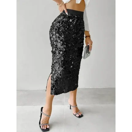 Women's Skirt Bodycon Elegant Fashion Midi High Waist Skirts Plain Sequins Stretchy Party Street Silver Black Gold Spring Polyester - Image 3