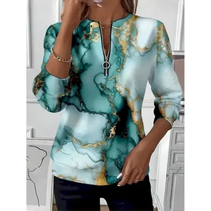 Women's Pullover Sweatshirt Zip Up Sweatshirts Floral Graphic Geometric Fashion Casual Long Sleeve Crew Neck Regular Tops Street Dailywear Patchwork Zipper Print Wine Green Khaki Fall Winter - Image 2