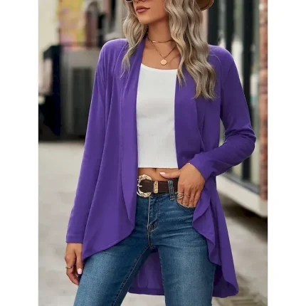 Women's Casual Jacket Breathable Comfortable Irregular Hem Casual Plain Vacation Street Casual Daily Wear Open Front Regular Shawl Collar Regular Fit Long Sleeve Outerwear Black Wine Purple Summer - Image 3