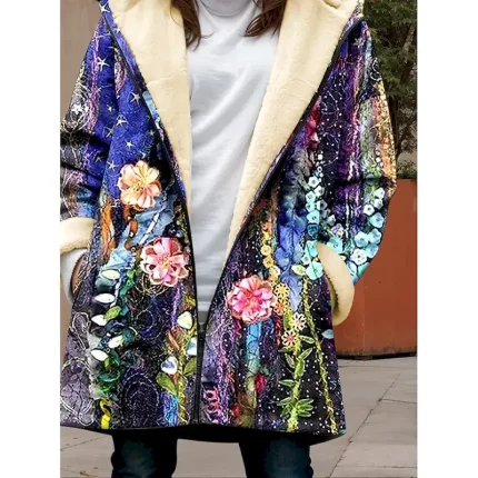 Women's Fleece Jacket Teddy Coat Hoodie Jacket Warm Breathable Zipper Pocket Fleece Lined Casual Floral Vacation Street Daily Wear Going out Zipper Long Hoodie Loose Fit Long Sleeve Outerwear Purple - Image 3