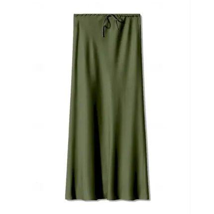 Women's Skirt Casual Maxi Mid Rise Skirts Plain Drawstring Micro-elastic Vacation Street Wine Navy Black Army Green Fall Polyester - Image 2