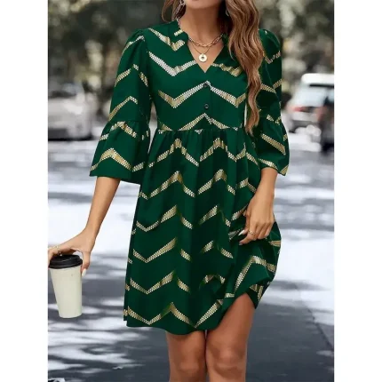 Women's Geometric Notched Neck Mini Dress 3/4 Length Sleeve Summer Spring - Image 4