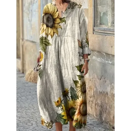 Women's Midi Dress Sundress A Line Dress Vacation Casual Boho Party Holiday Beach Loose Fit Floral Graphic Geometric Long Sleeve V Neck Dark Red Pink Blue Purple Summer Spring Fall - Image 3