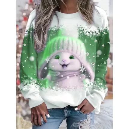 Women's Sweatshirt Long Sleeve Winter Bunny with Hat Graphic Blue Snowflakes Crew Neck Casual Comfortable Holiday Festive Homewear Regular Fit - Image 4
