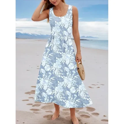 Women's Maxi Dress Sundress A Line Dress Slip Dress Pleated Dress Vacation Casual Boho Going out Beach Regular Fit Floral Graphic Sleeveless U Neck Blue Summer Spring - Image 3