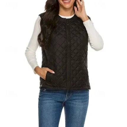 Women's Puffer Jacket Puffer Vest Quilted Jacket Waterproof Comfortable Zipper Pocket Casual Plain Vacation Street Casual Daily Wear Zipper Regular Collarless Regular Fit Sleeveless Outerwear Black - Image 5