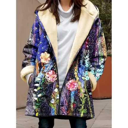 Women's Fleece Jacket Teddy Coat Hoodie Jacket Warm Breathable Zipper Pocket Fleece Lined Casual Floral Vacation Street Daily Wear Going out Zipper Long Hoodie Loose Fit Long Sleeve Outerwear Purple