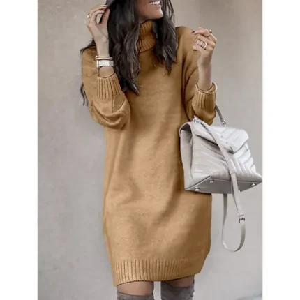 Women's Sweater Dress Casual Soft Pure Color Ribbed Turtleneck Knitted Long Sleeve Long Tops Knit Outdoor Daily Weekend Yellow Pink Fall Winter - Image 3