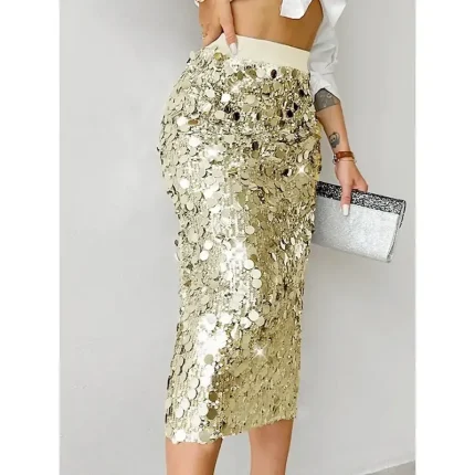 Women's Skirt Bodycon Elegant Fashion Midi High Waist Skirts Plain Sequins Stretchy Party Street Silver Black Gold Spring Polyester - Image 5
