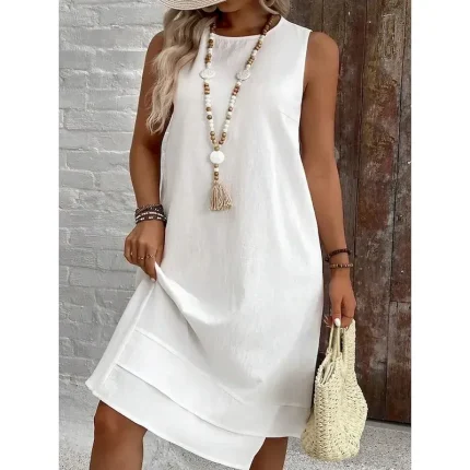 Women's Midi Dress Summer Dress Casual Daily Regular Fit Solid Color Sleeveless Crew Neck White Navy Blue Summer - Image 4