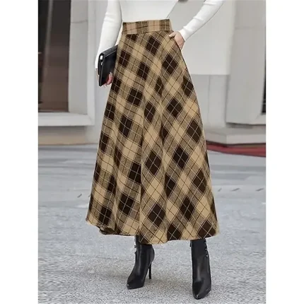Women's Skirt A Line Maxi Skirts Pocket Print Plaid Street Daily Winter Fashion Casual Camel Black Blue - Image 6