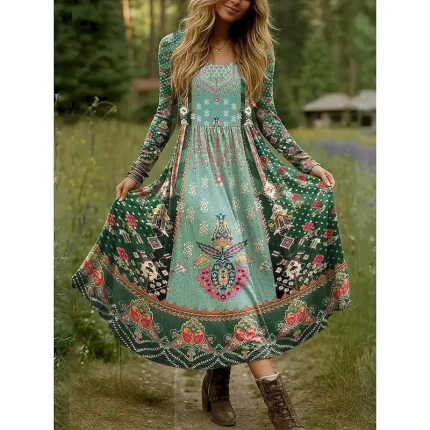 Women's Maxi Dress Fit And Flare Dress Vacation Casual Boho Party Daily Going out Regular Fit Floral Polka Dot Long Sleeve Crew Neck Blue Sky Blue Purple Green Fall Winter - Image 4