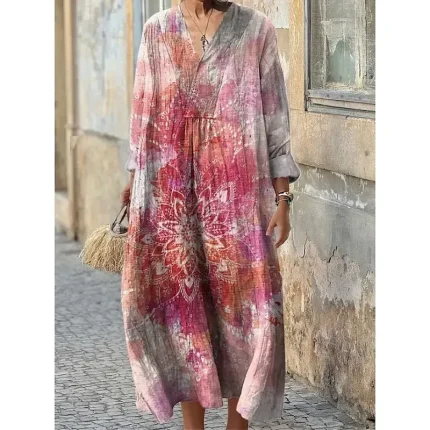 Women's Midi Dress Sundress A Line Dress Vacation Casual Boho Party Holiday Beach Loose Fit Floral Graphic Geometric Long Sleeve V Neck Dark Red Pink Blue Purple Summer Spring Fall - Image 5