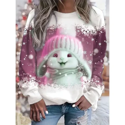 Women's Sweatshirt Long Sleeve Winter Bunny with Hat Graphic Blue Snowflakes Crew Neck Casual Comfortable Holiday Festive Homewear Regular Fit - Image 5