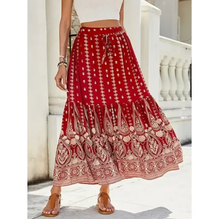 Women's Swing Bohemia Fashion Casual Maxi High Waist Skirts Graphic Print Micro-elastic Street Daily Red Blue Green Summer Rayon - Image 3