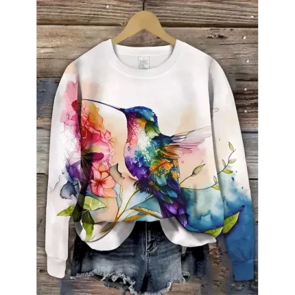 Women's Pullover Sweatshirt Floral Graphic Animal Casual Long Sleeve Crew Neck Round Neck Regular Tops Street Casual Holiday Print White Green Spring Fall Winter - Image 4